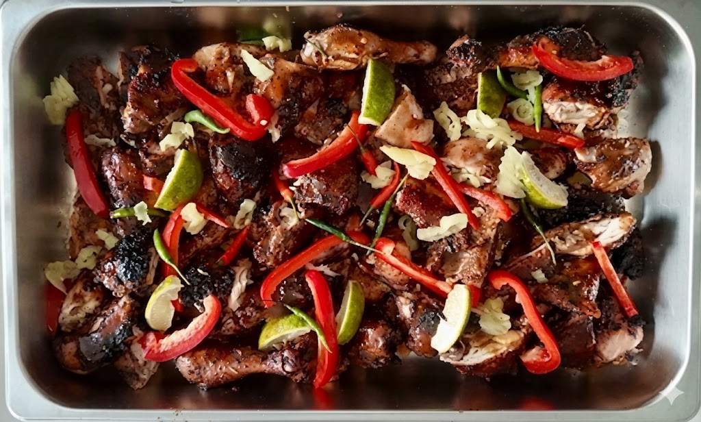 Nyam & Scram Jerk Chicken Half with rice and peas – Jamaican jerk restaurant Point District